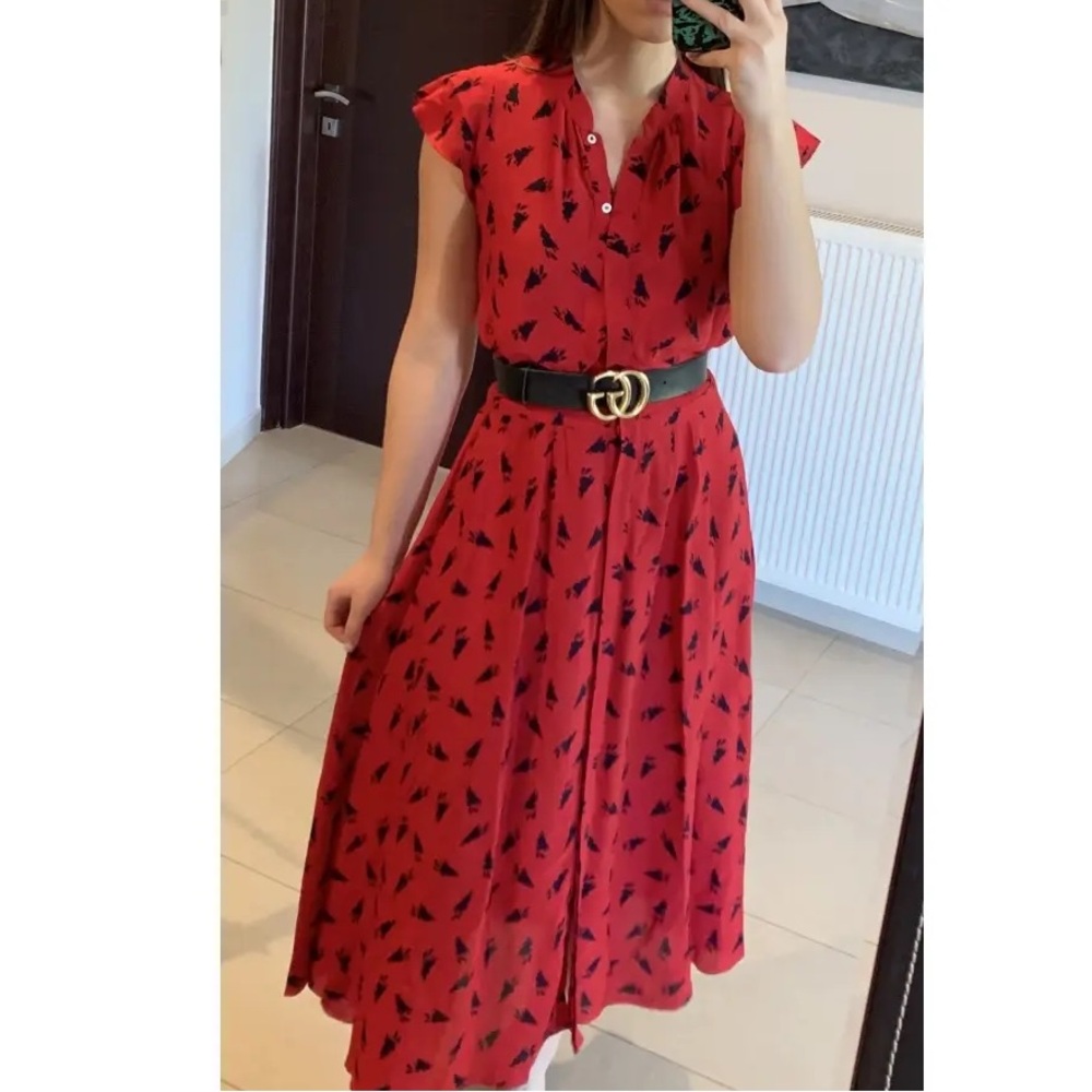 Band Of Outsiders Red Black Silk Bunny Rabbit Print Shirtdress Sz S